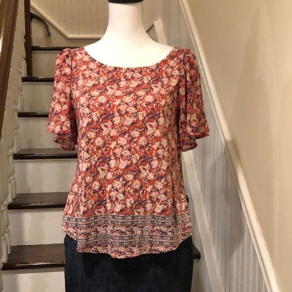 LUCKY BRAND Flutter Sleeve Rust, Navy, Ivory Floral Shirt With Floral Hem Sz SM - Picture 13 of 13